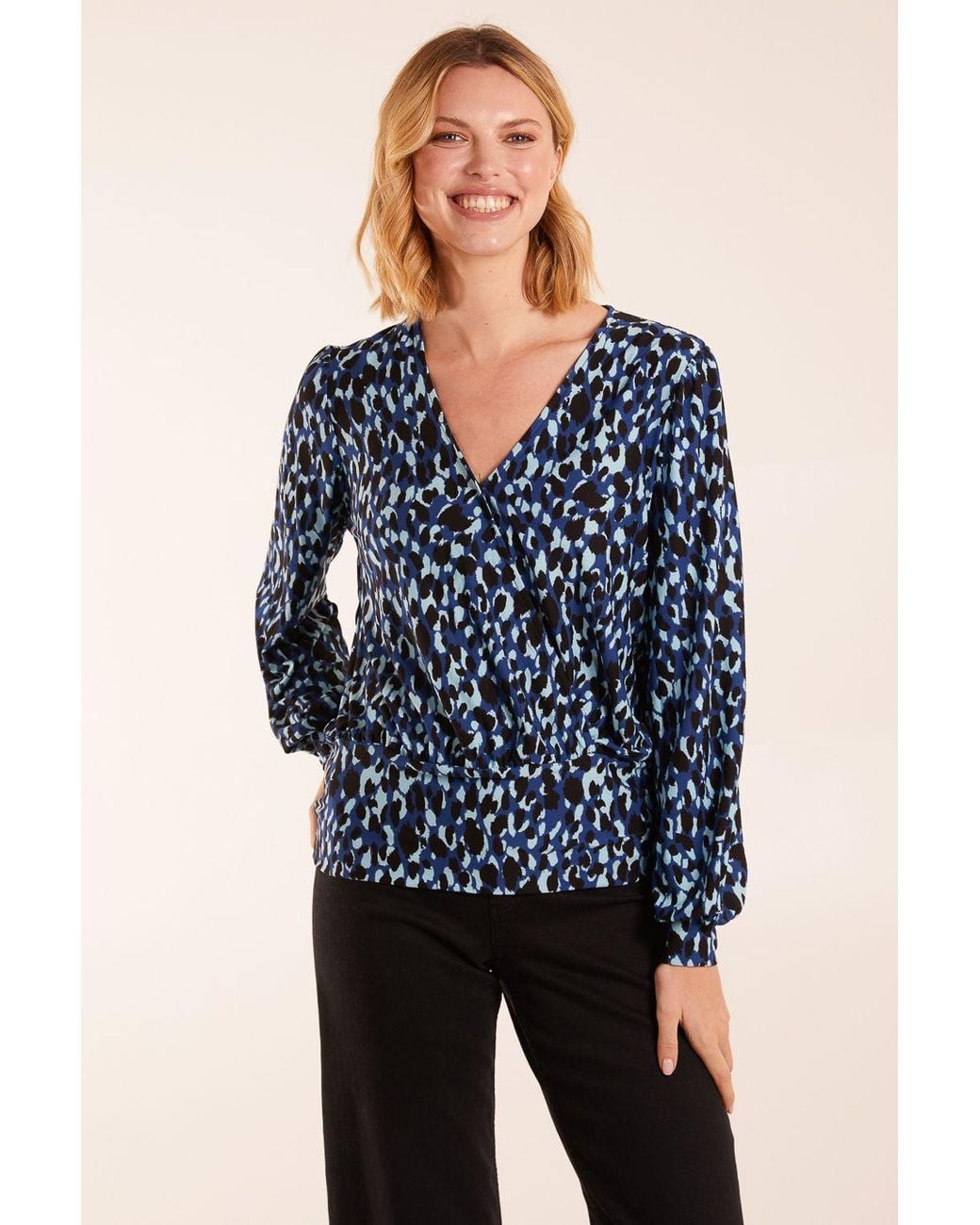 Blue Vanilla Blue Wrap Front Geometric Deep Hem Band Top