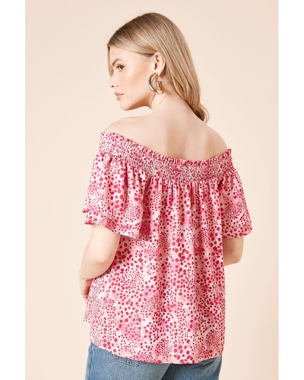 Dorothy Perkins Pink Patchwork Animal Bardot Double Frill Sleeve Top