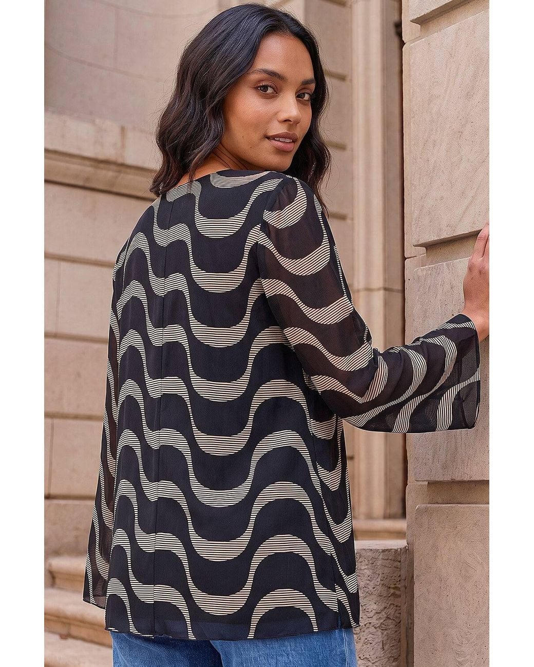 Roman Black Printed Mesh Overlay Top