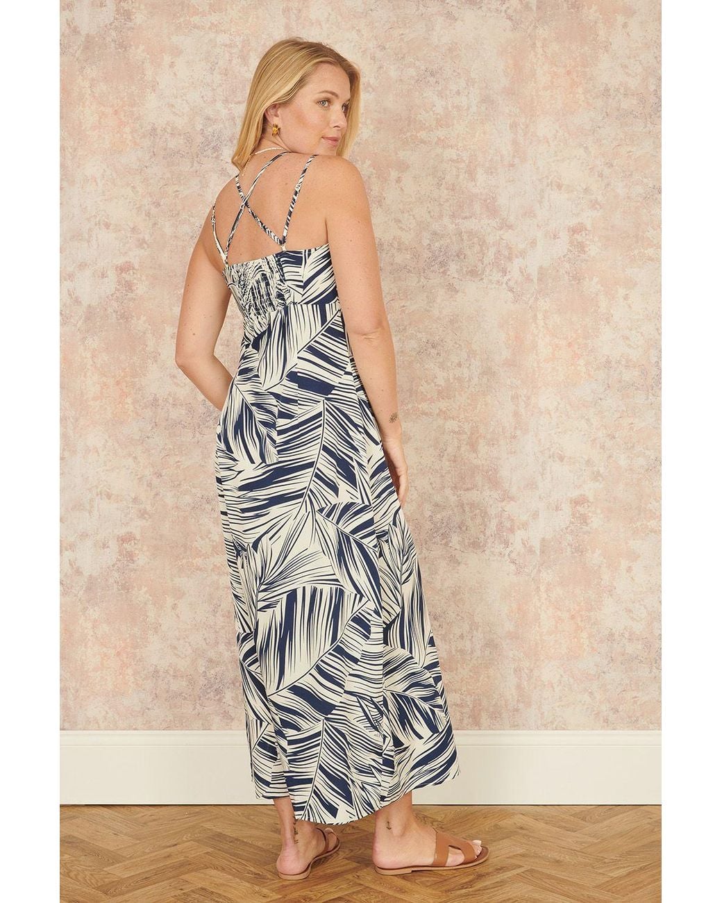 Yumi' Blue Leaf Print Maxi Dress With Cross Back