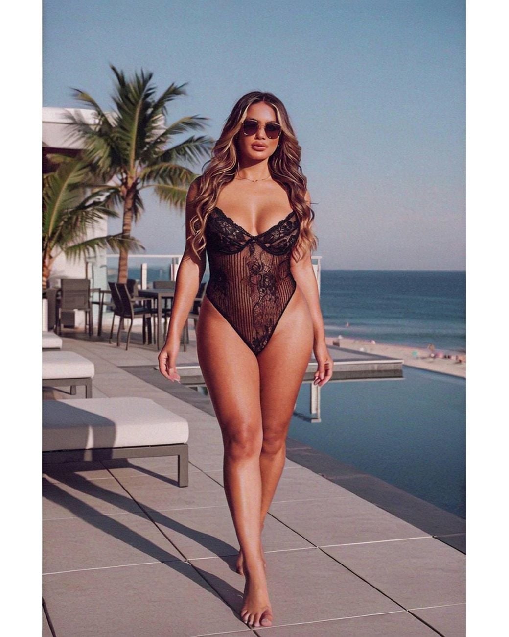 Femme Luxe Black Stripped Lace Cup Detail Strappy Plunge Bodysuit