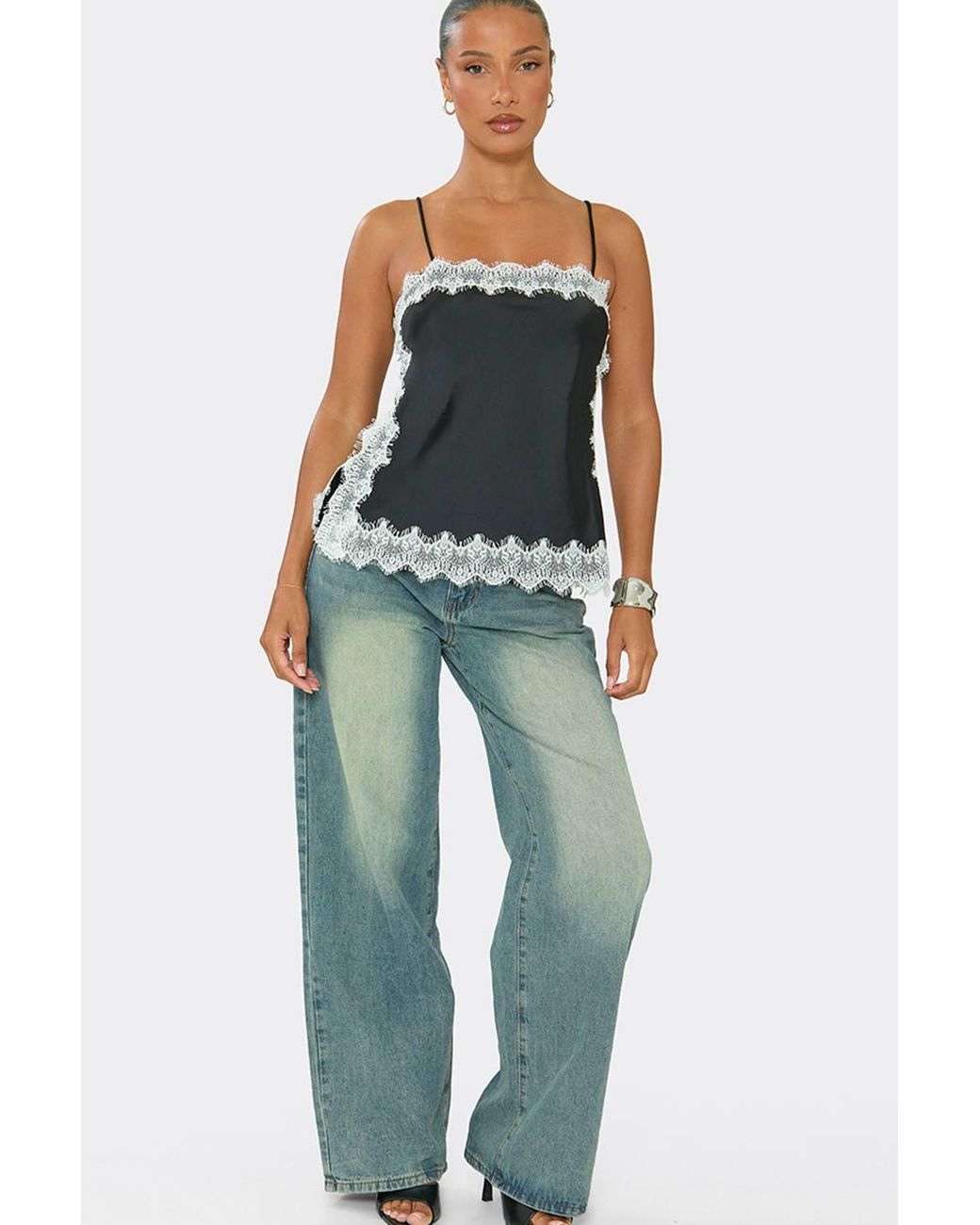 EGO Black Strappy Straight Neck Lacy Satin Cami Top