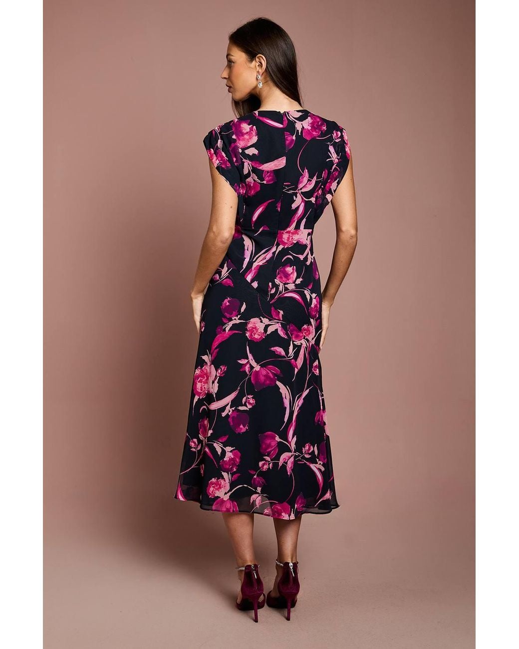 Coast Blue Cap Sleeve Floral Chiffon Midi Dress