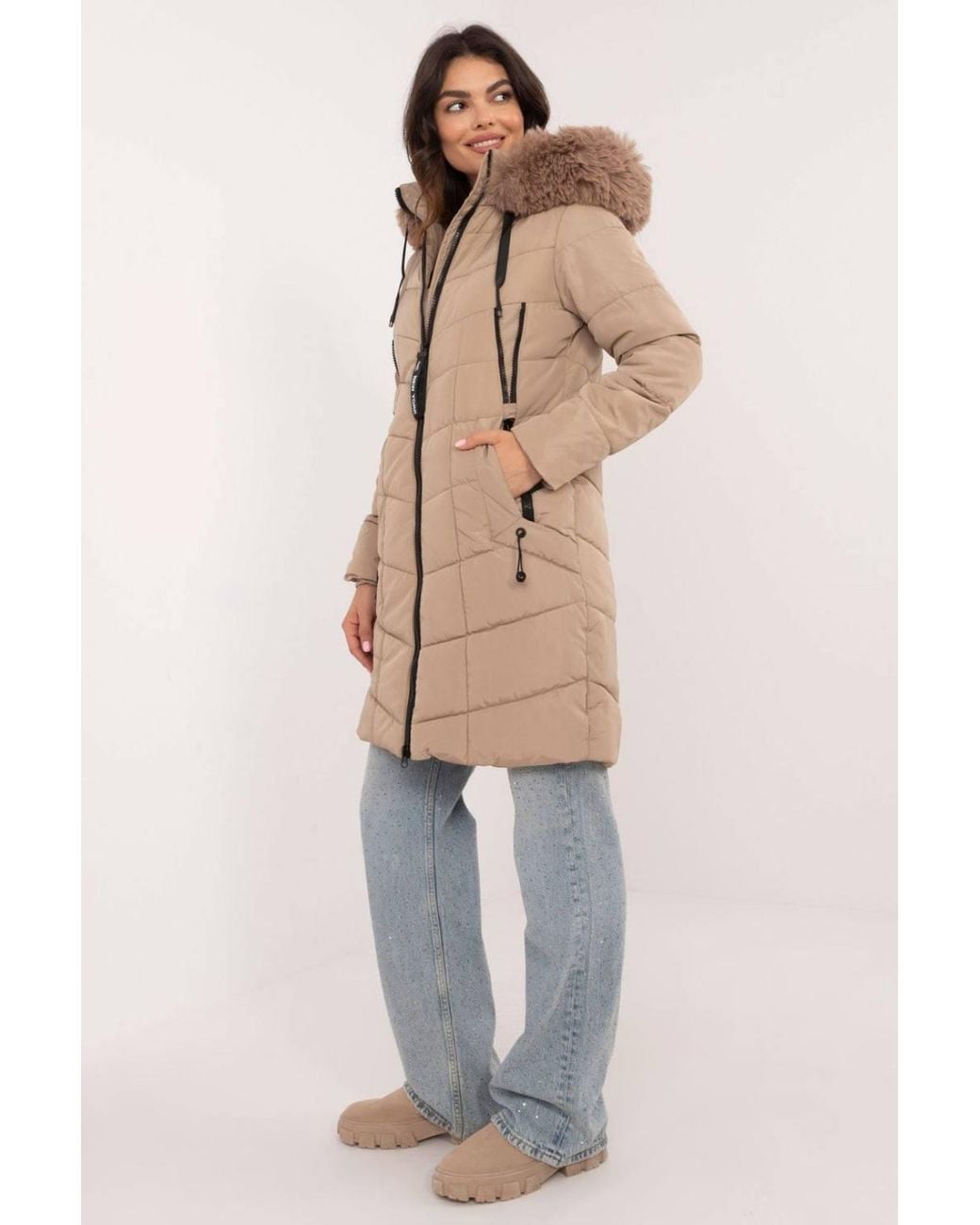 Love Lace Natural Quilted Hooded Puffer Jacket With Pockets & Zip