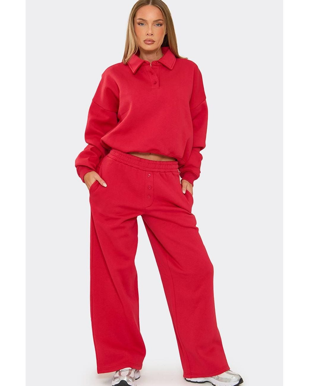 EGO Red Wide Leg Button Mid Rise Joggers