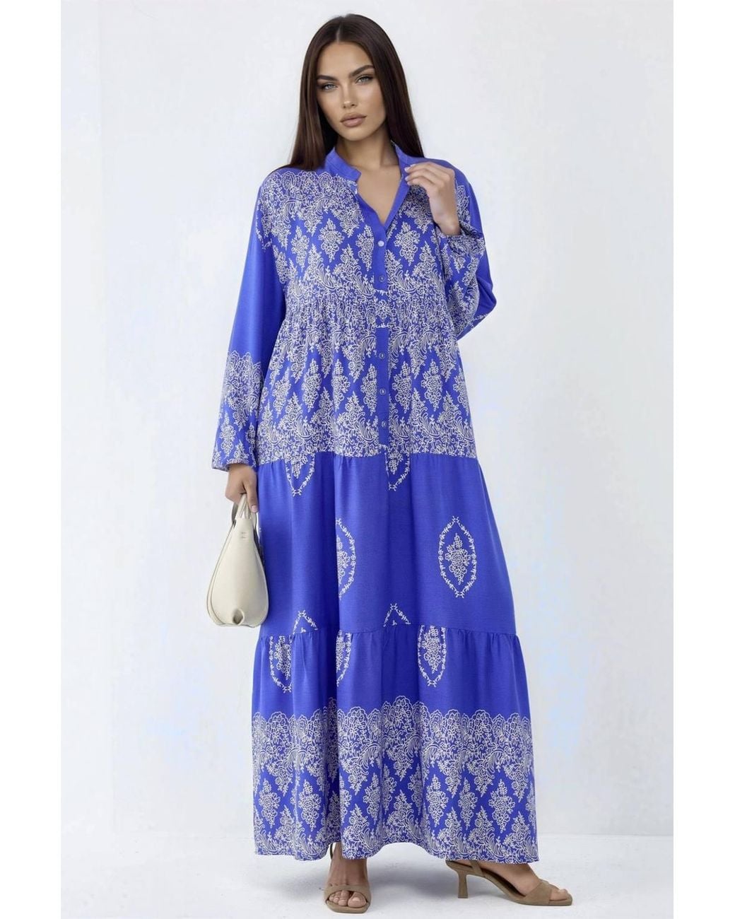 Hiccup Blue V-Neck Patterned Maxi Dress With Button Closure
