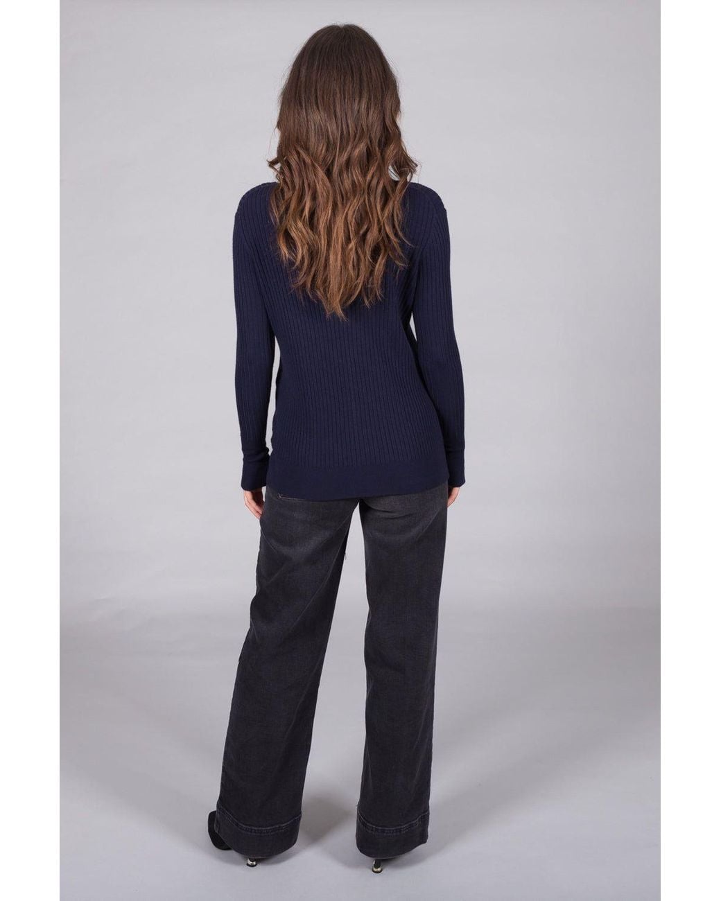 Solo Blue Ribbed V-Neck Jumper With Button Cuffs