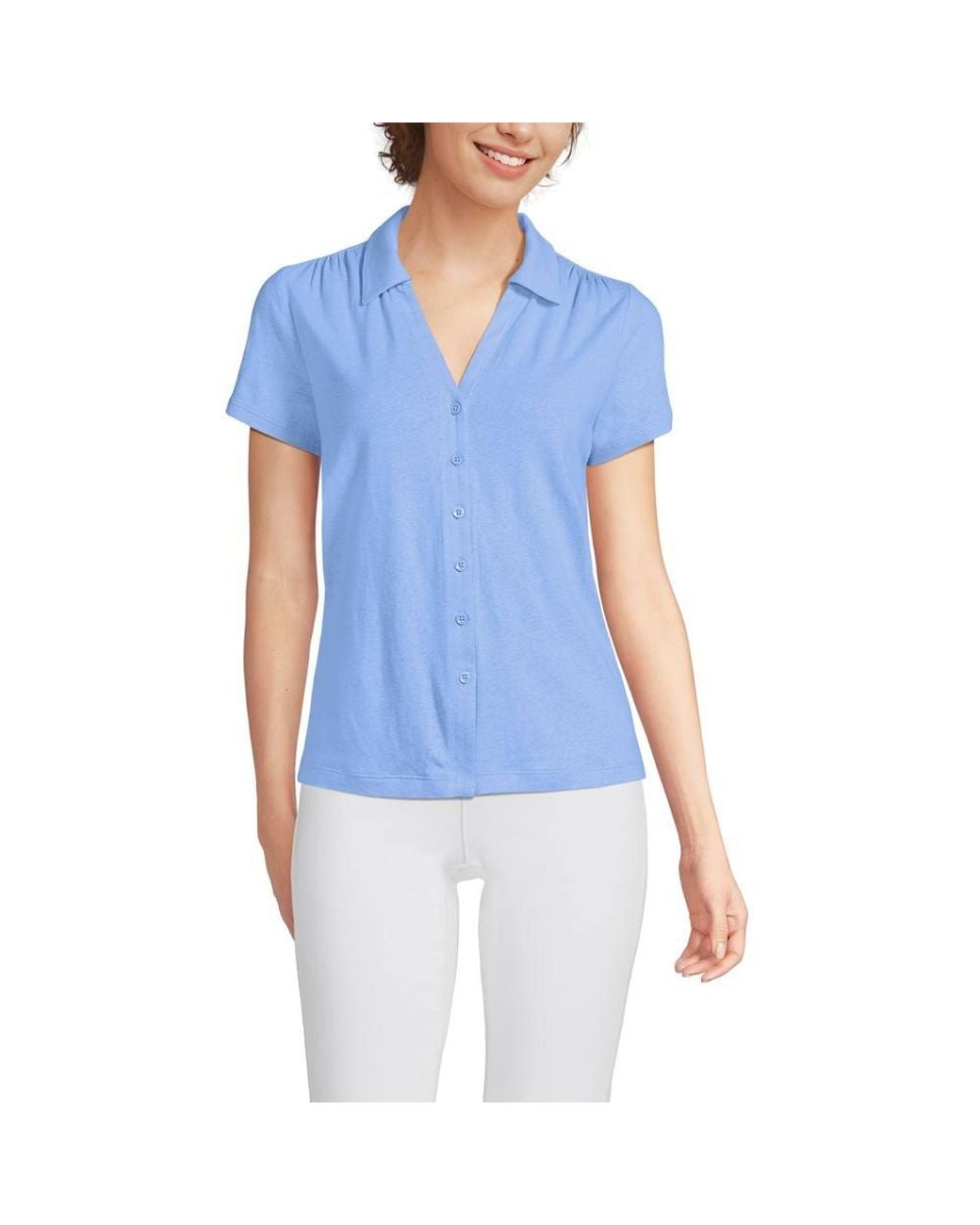 Lands' End Blue Linen Blend Button Front Polo