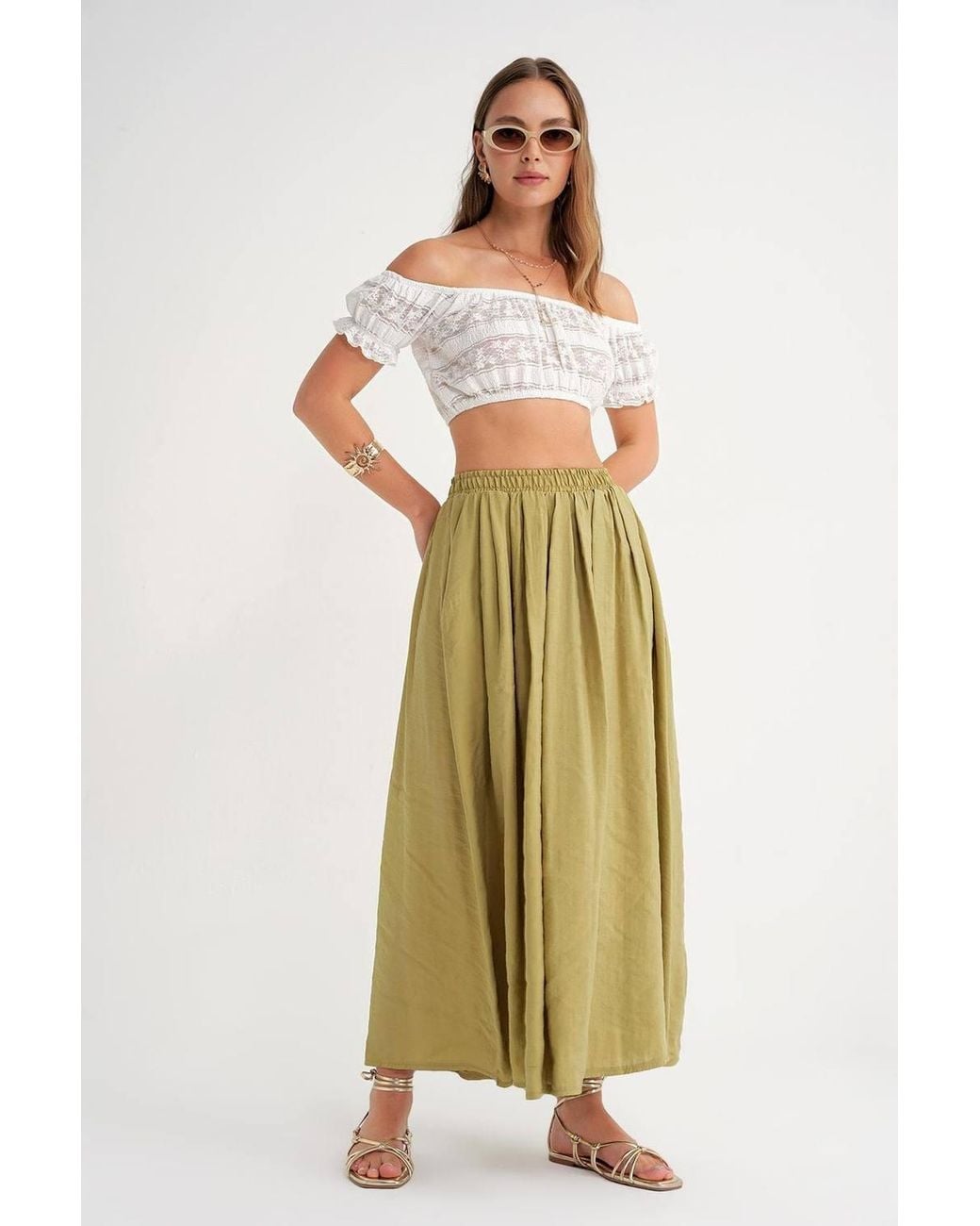 MixRay Green High Waist Maxi Skirt With Drawstring Waist
