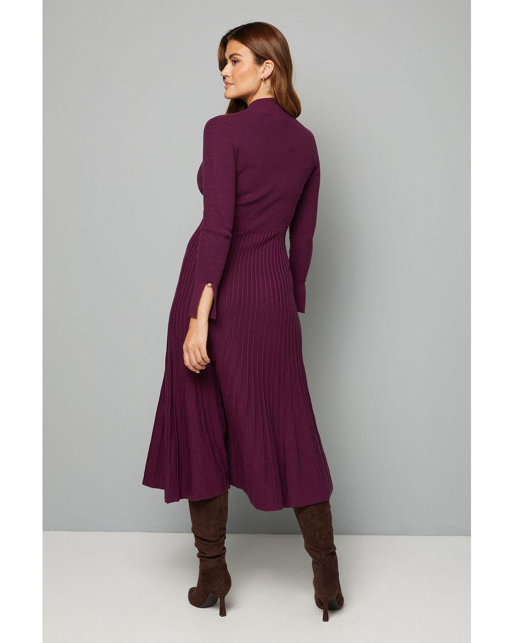 Wallis Purple Button Cuff Detail High Neck Pleated Knitted Midaxi Dress