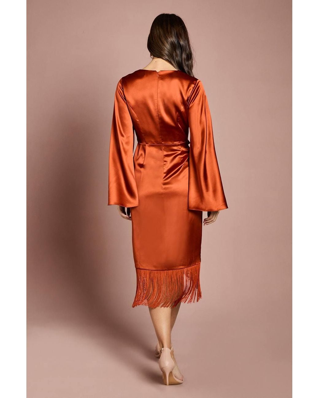Coast Orange Satin Fringe Hem Wrap Waist Midi Dress