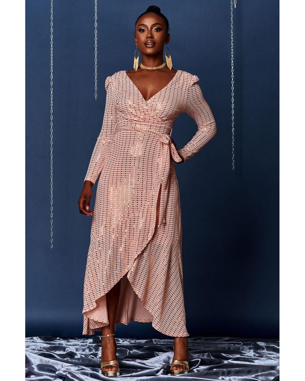 Jolie Moi Blue Sparkly Glitter Wrap Flare Maxi Dress
