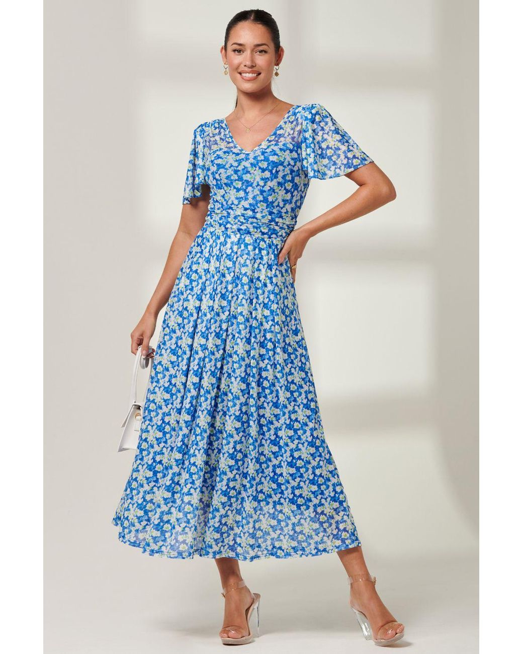 Jolie Moi Blue Bianca V-Neck Pleated Mesh Maxi Dress