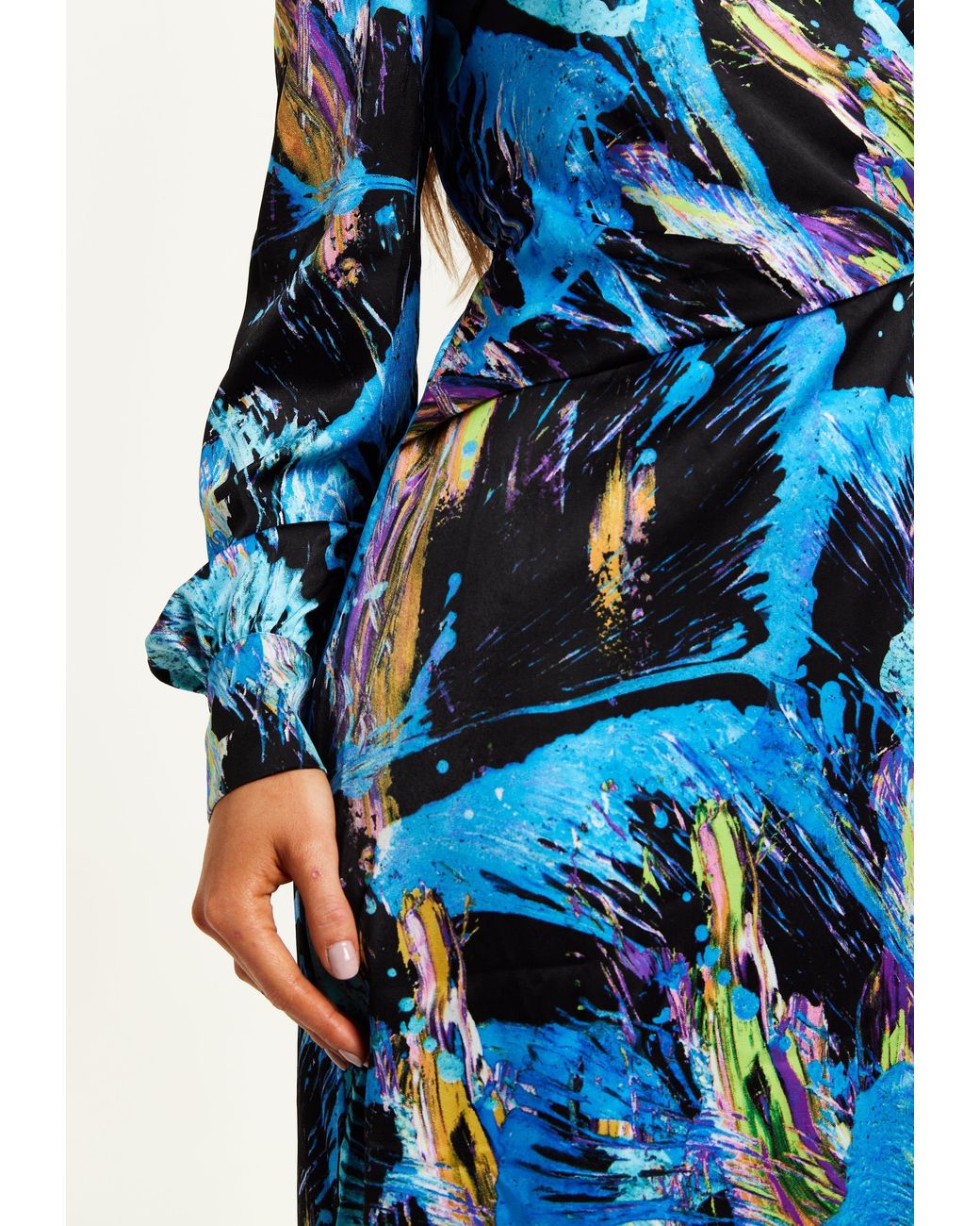 Liquorish Blue Multicolour Abstract Print Midi Wrap Dress With Long Sleeves