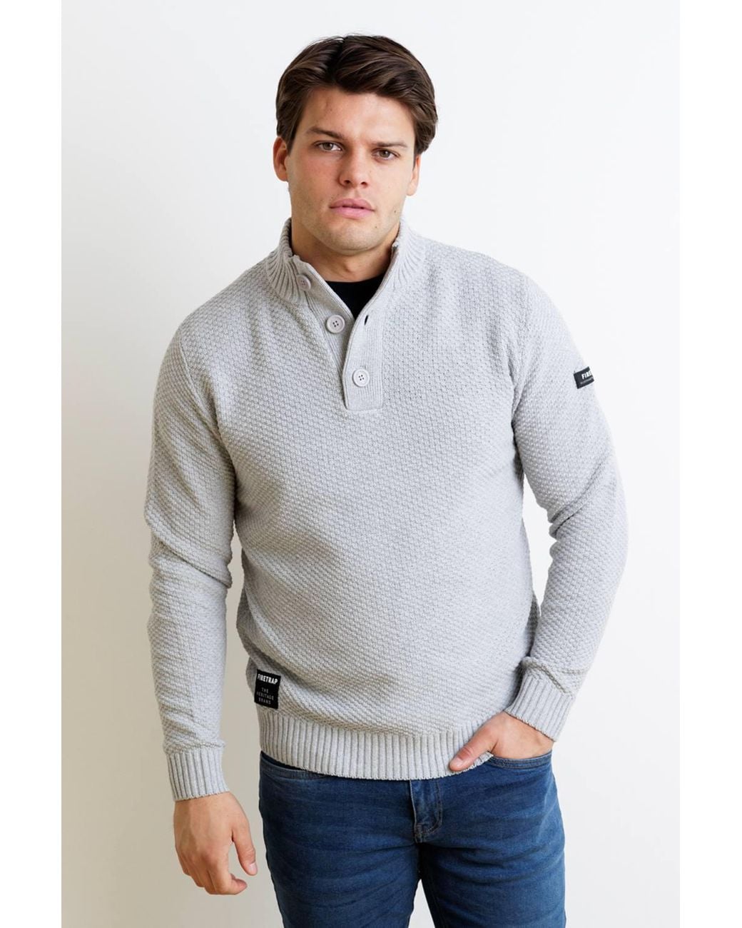 Firetrap Gray Cotton Rich Waffle Knit Funnel Neck Jumper With Buttons for men