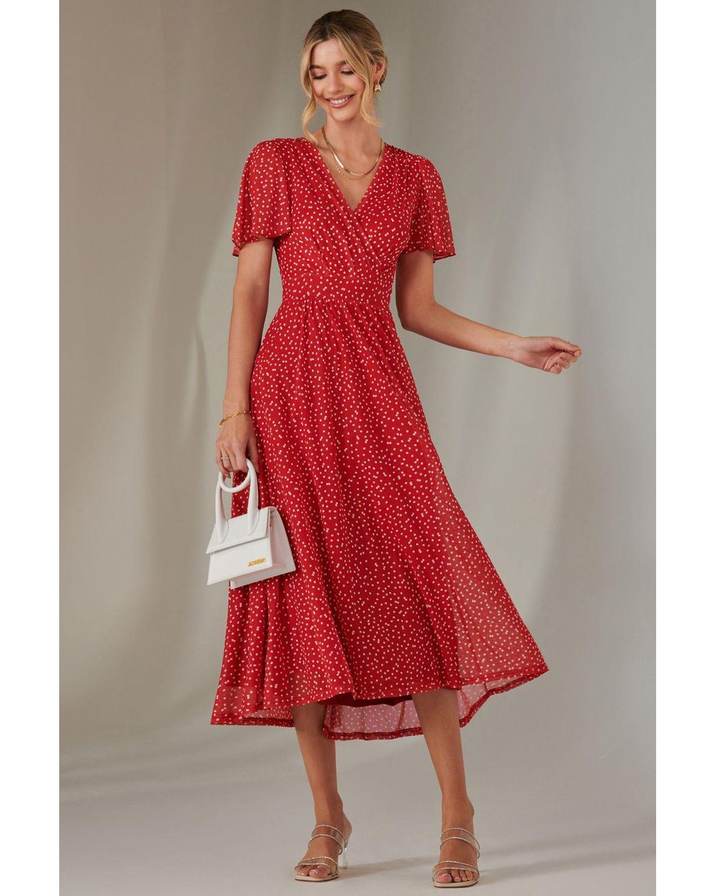 Jolie Moi Red Angel Sleeve Wrap Bodice Mesh Maxi Dress