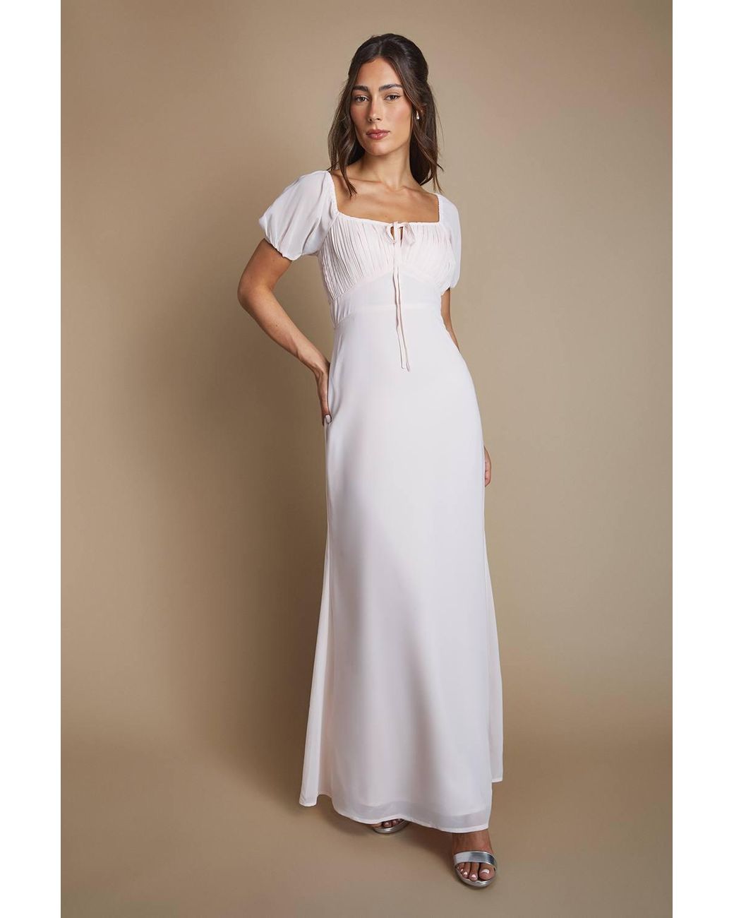 Oasis Natural Angel Sleeve Wrap Bodice Chiffon Bridesmaid Maxi Dress