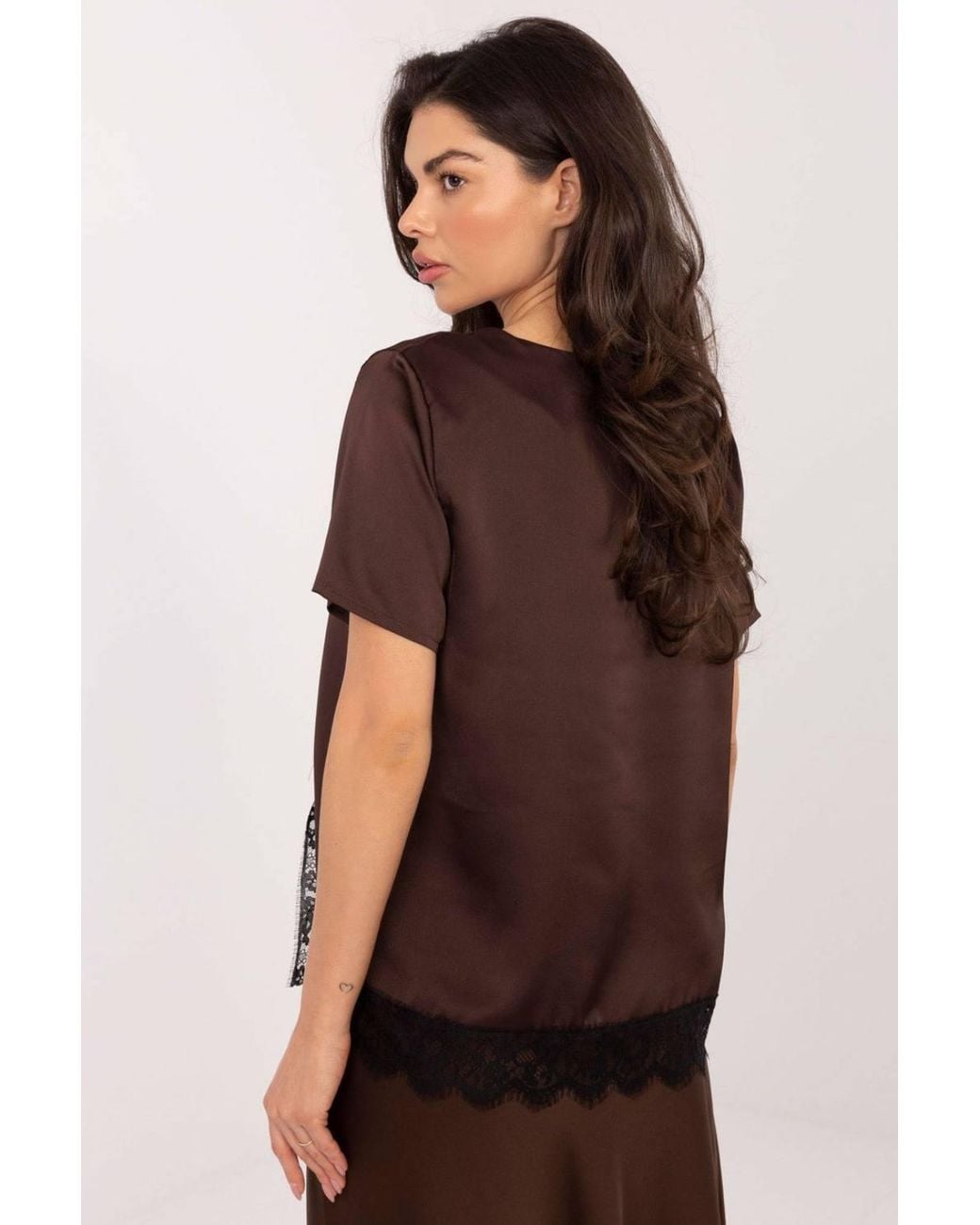 Love Lace Brown Elegant Lace Trim Polyester Elastane Blouse