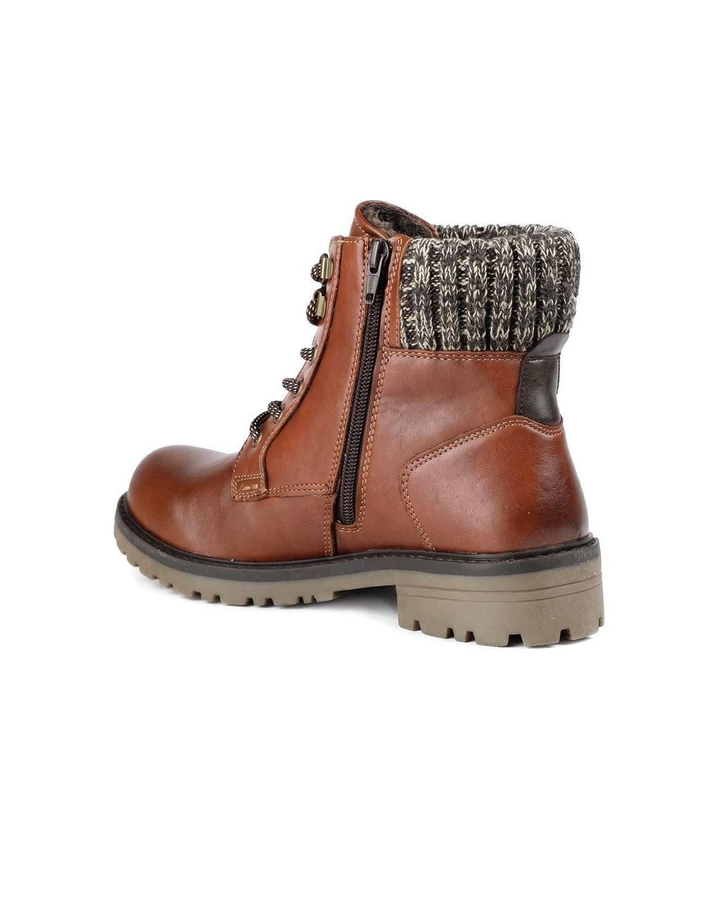 Pavers Brown Knitted Cuff Zip Design Lace Up Ankle Boots