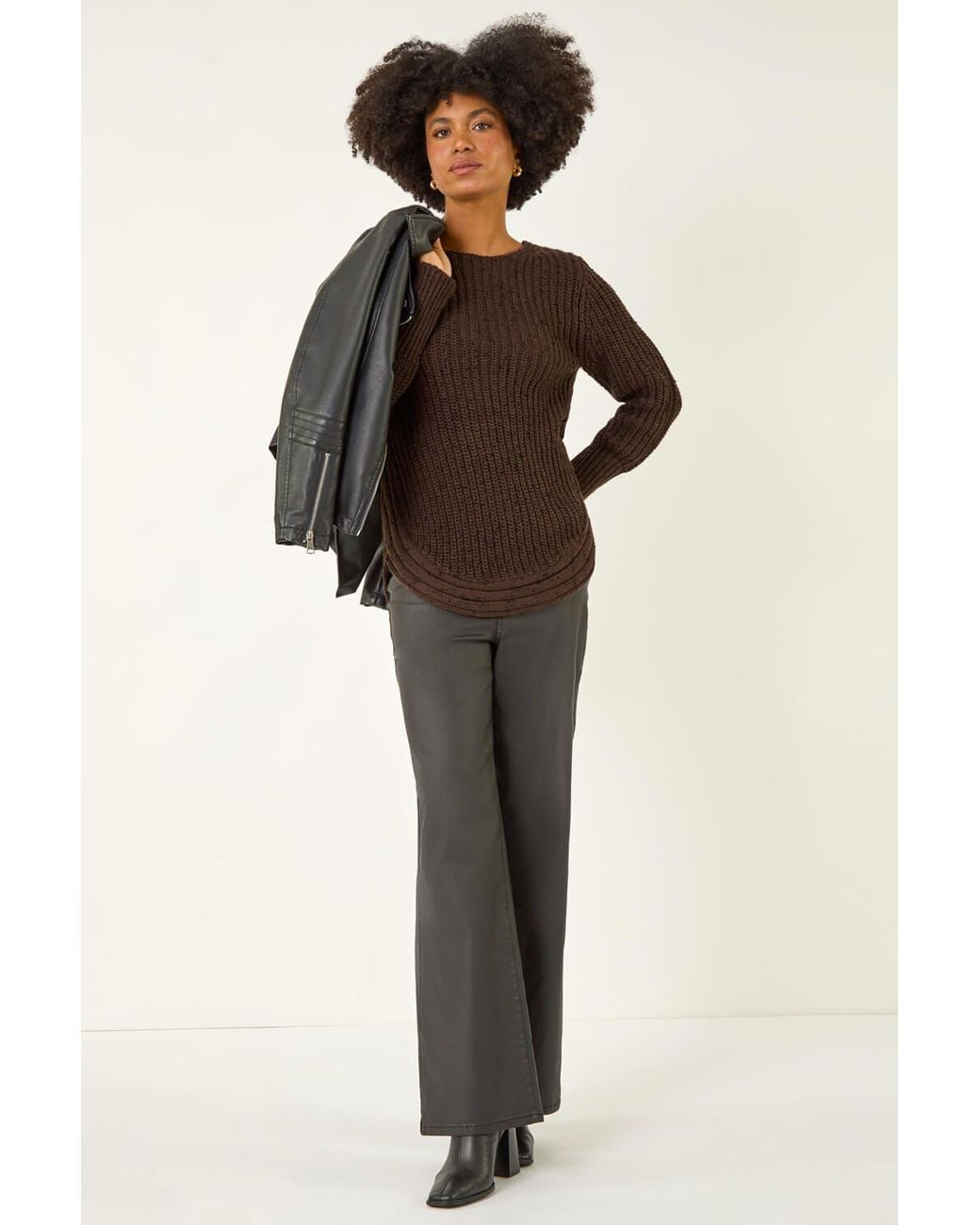 Roman Brown Curved Hem Stitch Detail Jumper