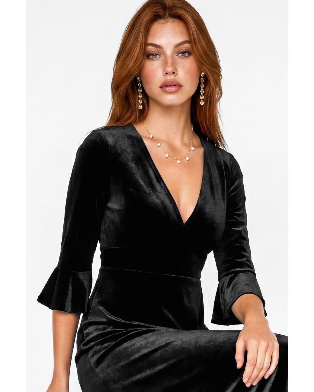 Maya Deluxe Black Flute Sleeve Velvet Maxi Dress
