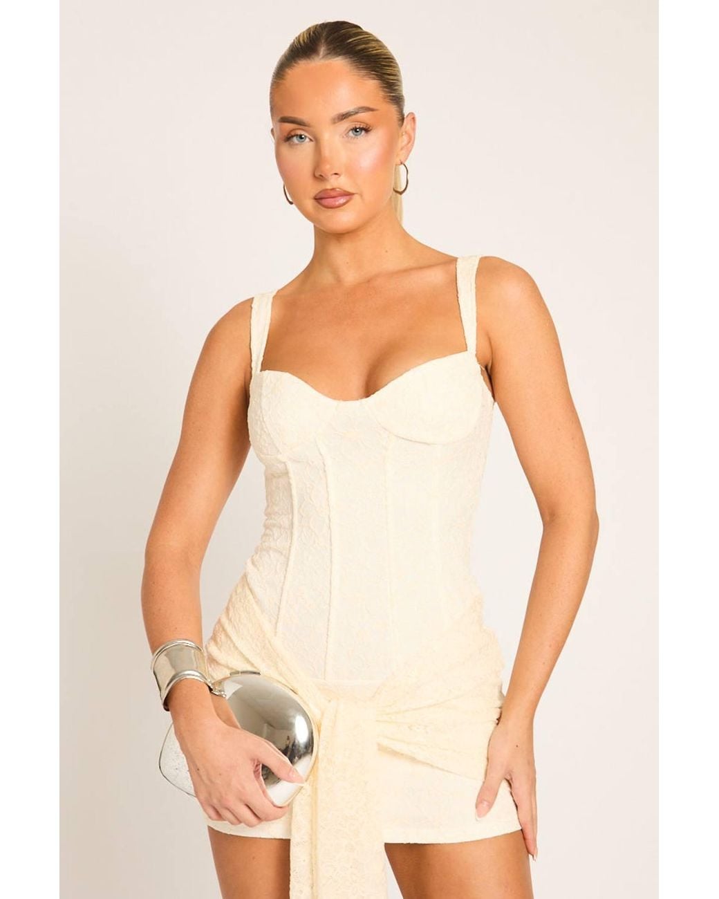 Rebellious Fashion Natural Lace Corset Detail Drape Mini Dress