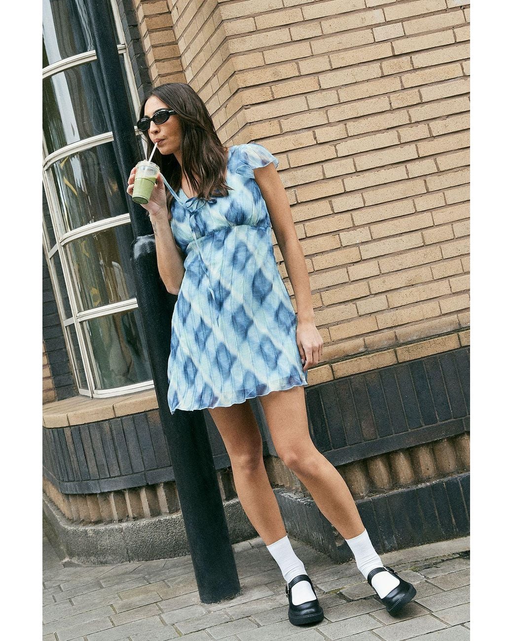 Nasty Gal Blue Crinkle Chiffon Check Tie Front Fluted Sleeve Mini Dress