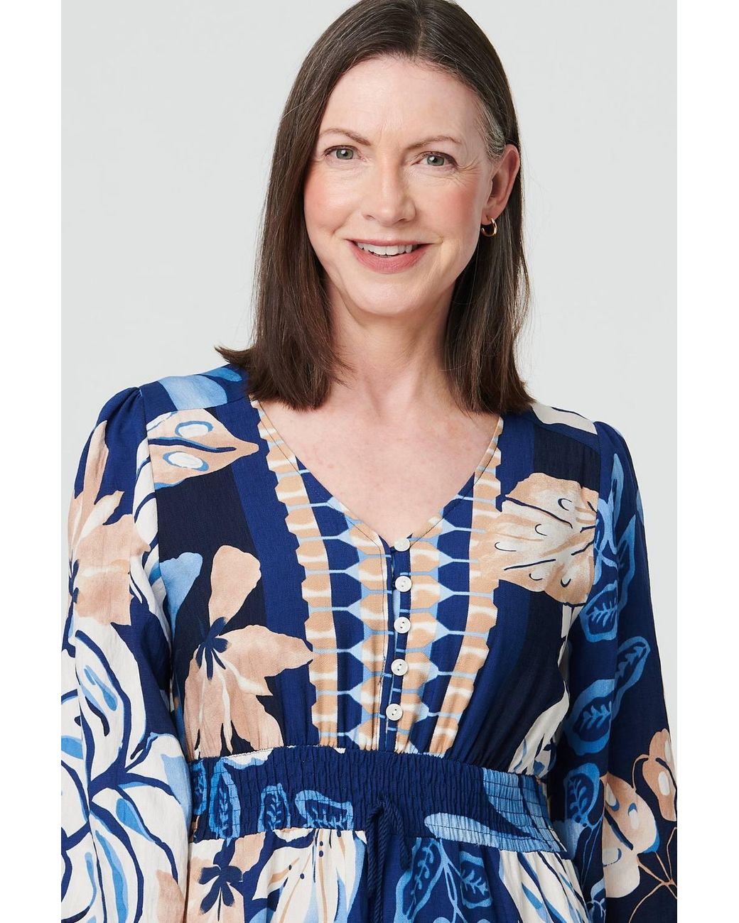 Izabel London Blue Printed Long Sleeve A-Line Maxi Dress