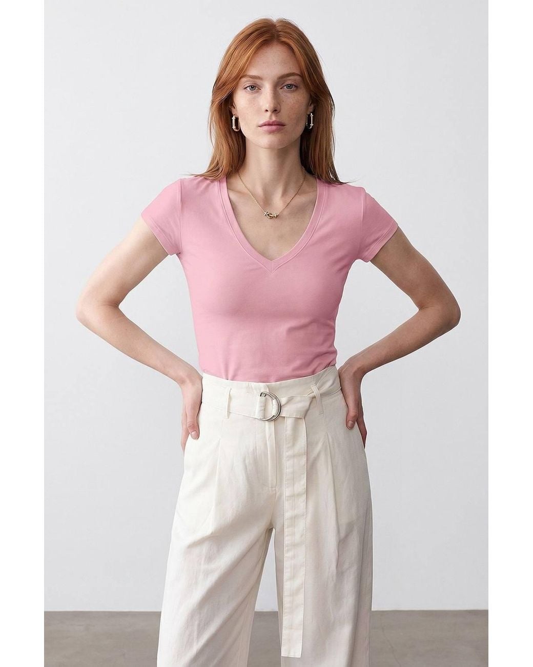 Dilvin Pink Slim Fit V-Neck Jersey Blouse