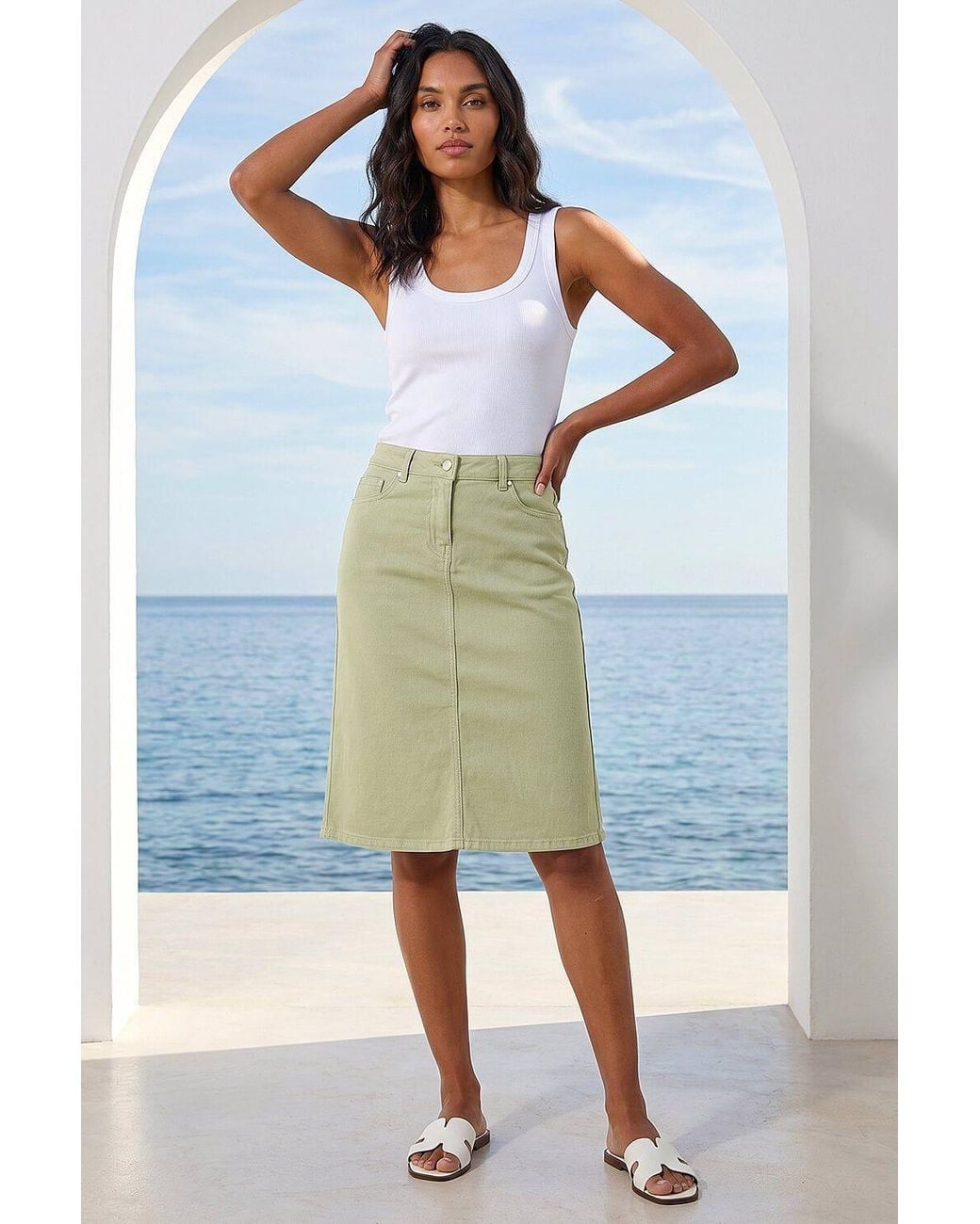 Roman Blue Cotton Denim Stretch A Line Skirt