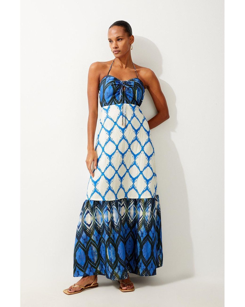 KarenMillen Tile Printed Viscose Linen Woven Maxi Beach Dress in