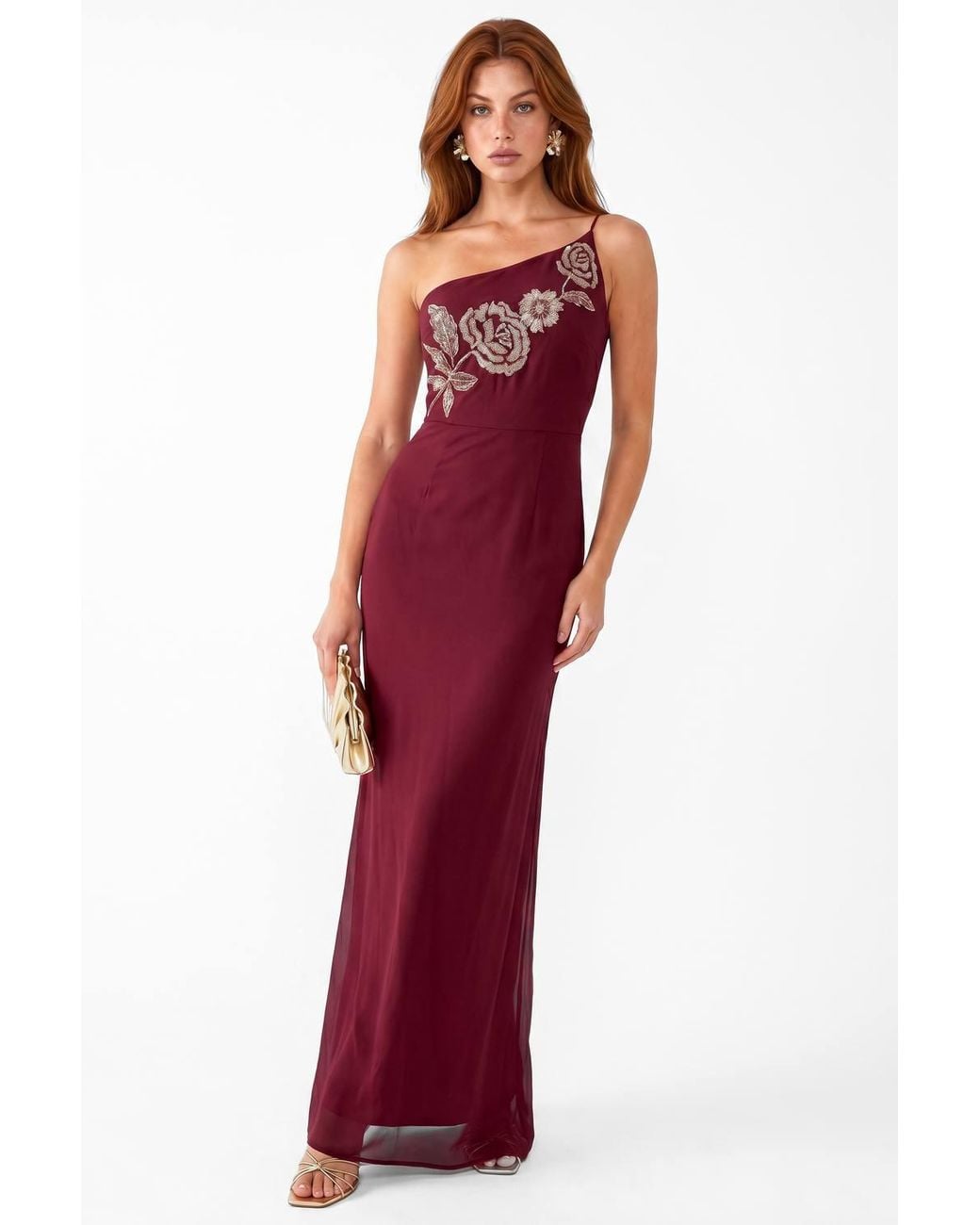 Maya Deluxe Red Embellished Strappy One Shoulder Maxi Dress