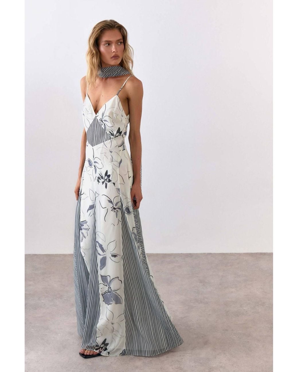 Warehouse Gray Print Mix Tie Neck Chiffon Panelled Maxi Dress