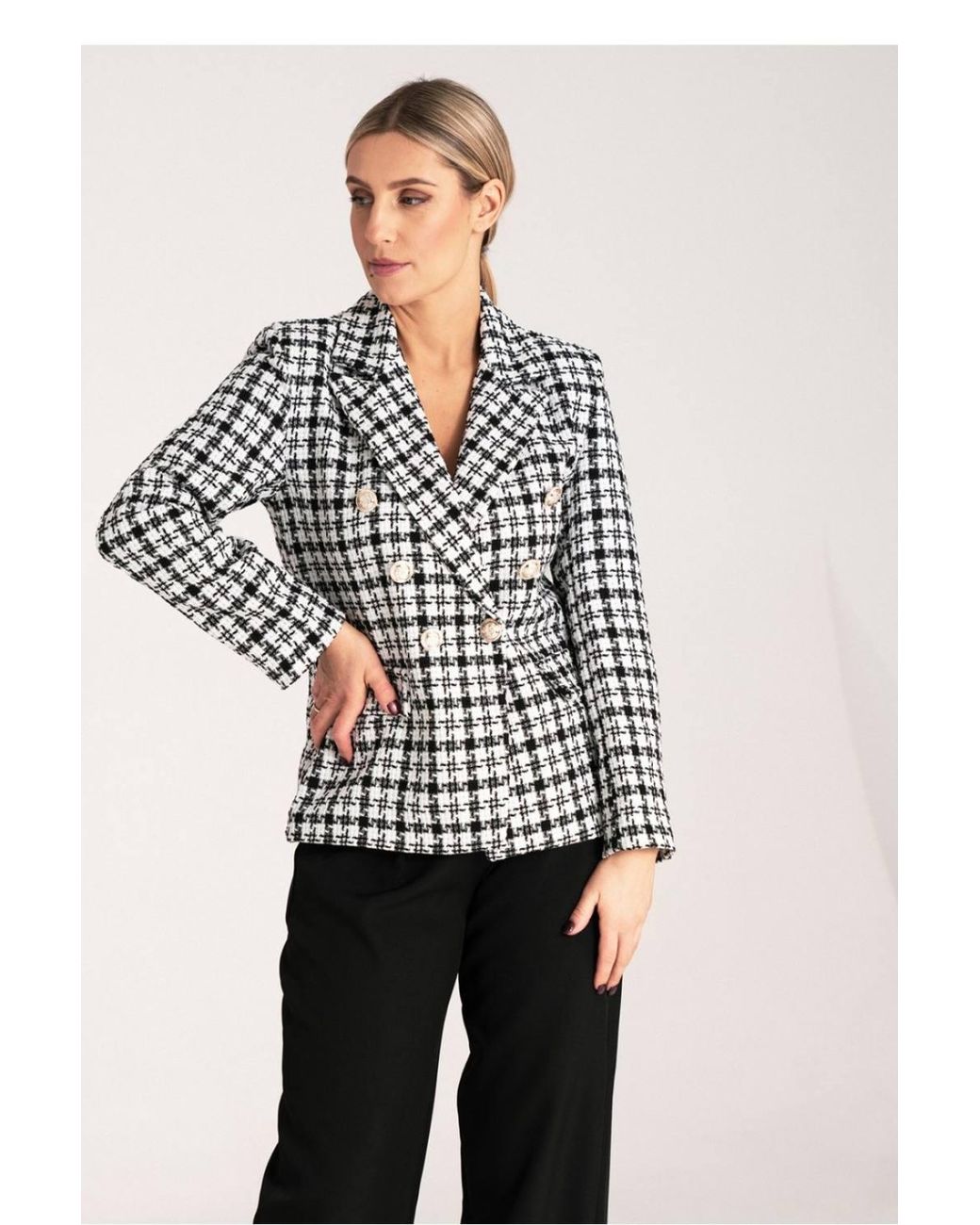 Love Lace White Cotton Check Collared Classic Blazer With Buttons