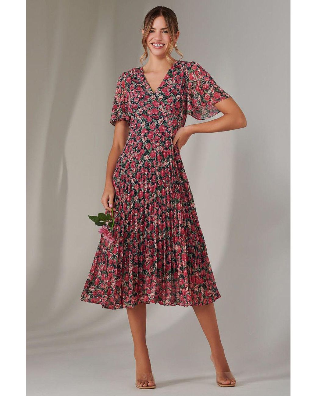 Jolie Moi Red Chiffon Pleated Wrap Midaxi Dress