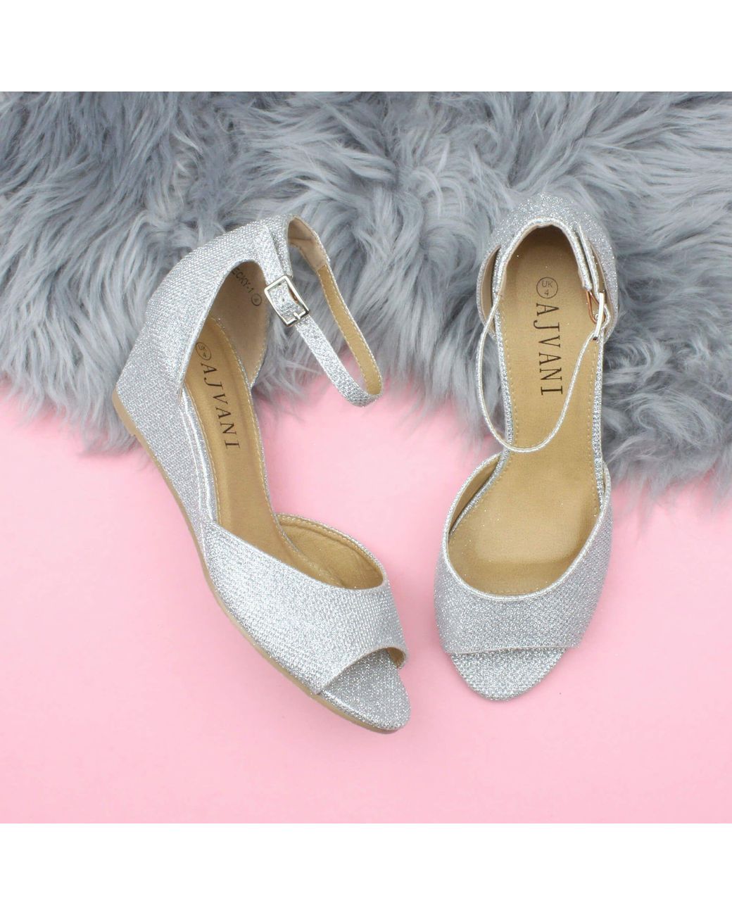 AJVANI White Mid Wedge Heel Ankle Strap Glitter Sandals