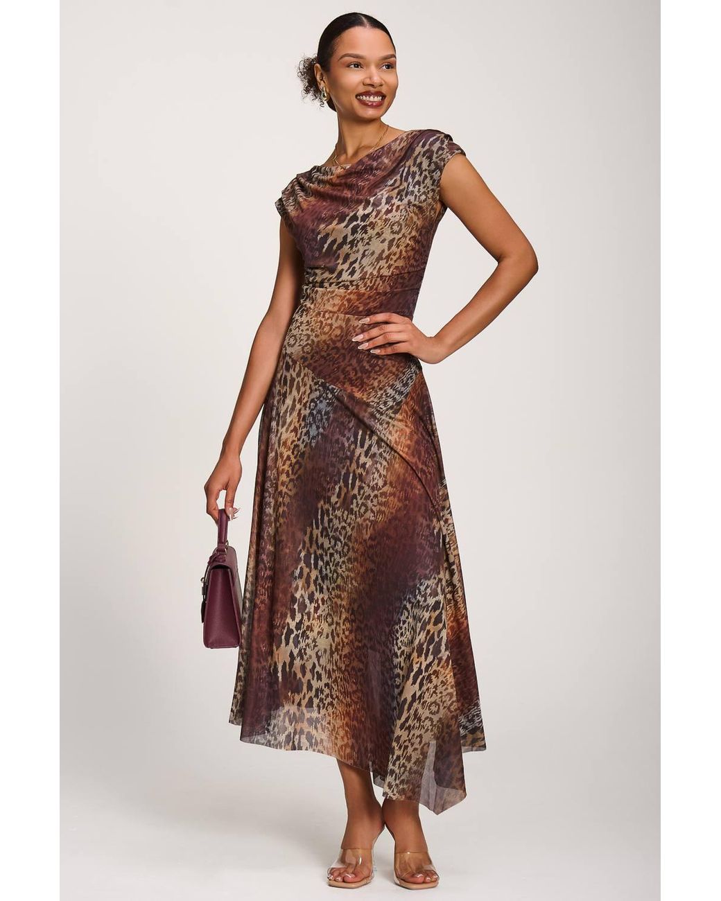 Jolie Moi Brown Asymmetrical Draped Mesh Maxi Dress
