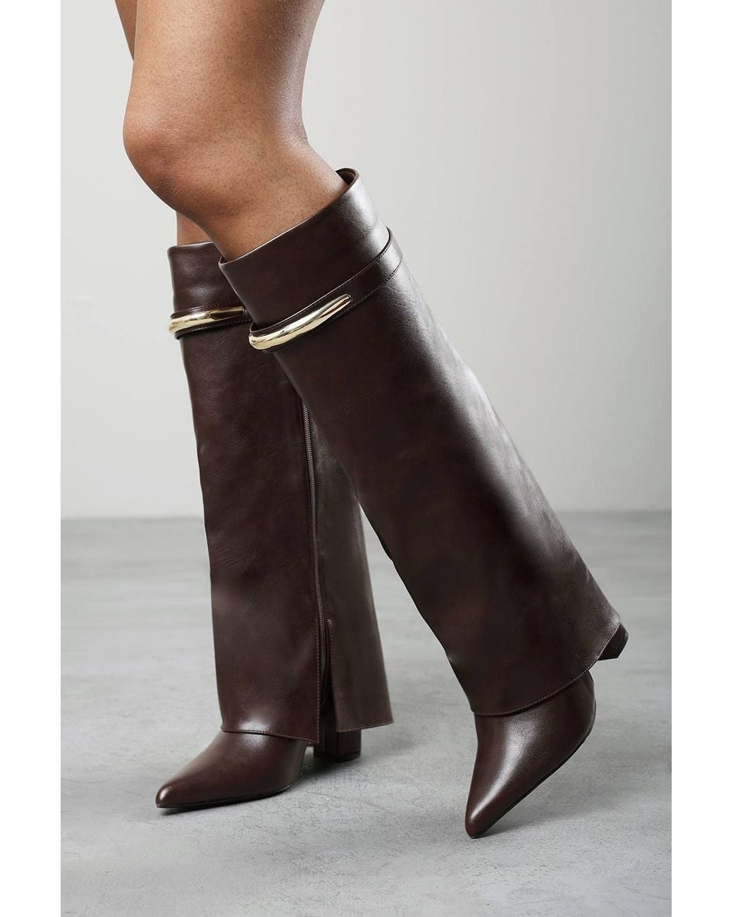 Where's That From Black Nareva Fold Over Shark Block Heel Point Toe Boots With Trim Detail