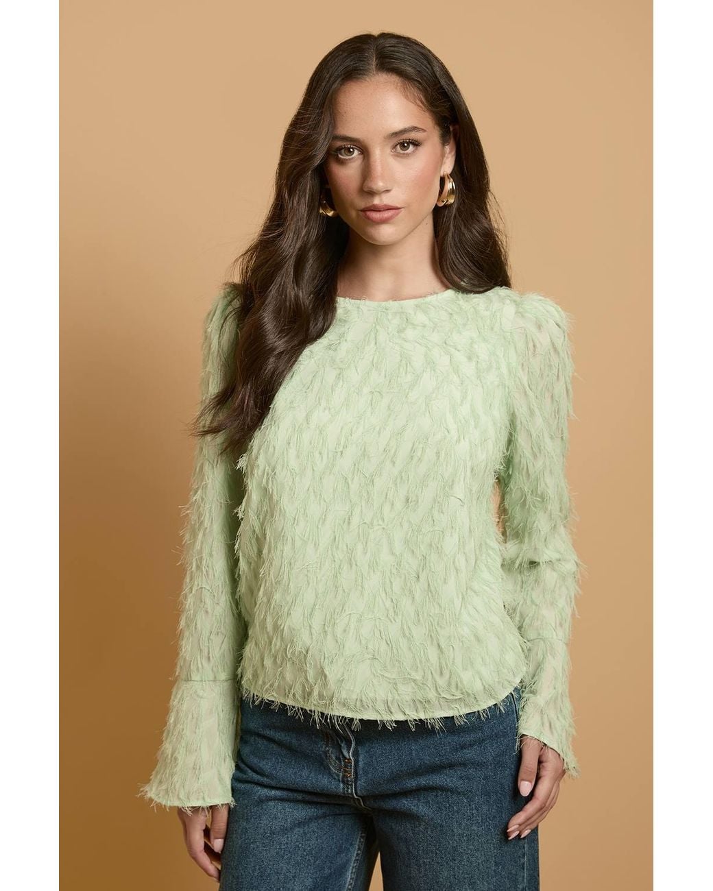 Oasis Green Flared Sleeve Tie Back Blouse