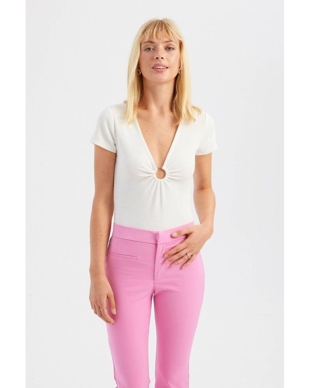 Hiccup Pink V Neck Short Sleeve Top With A Ruched Detail