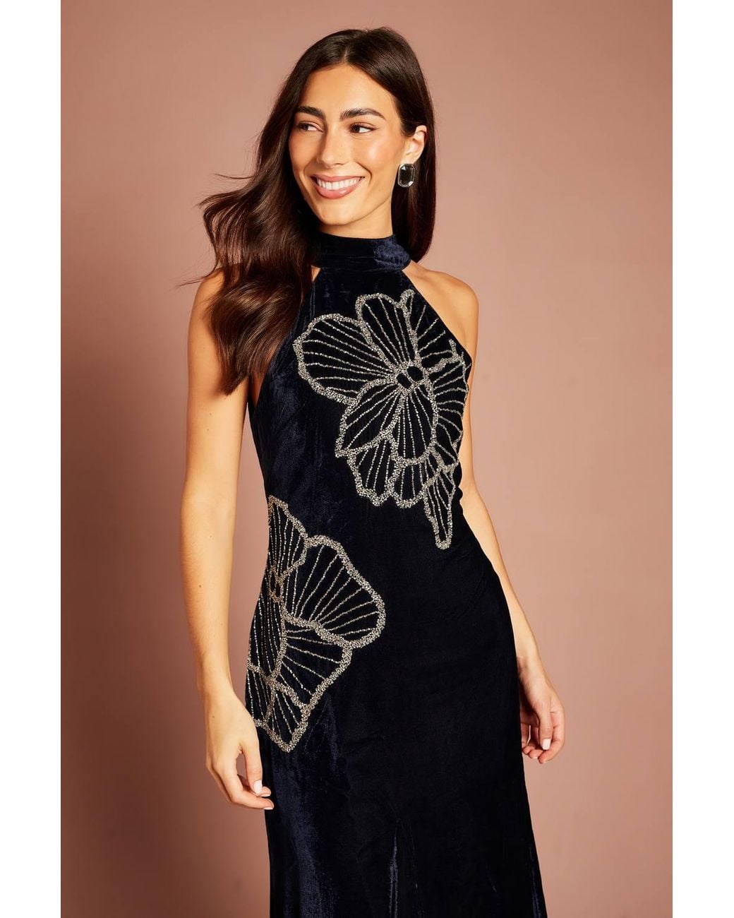 Coast Black Velvet Halter Neck Embellished Floral Maxi Dress