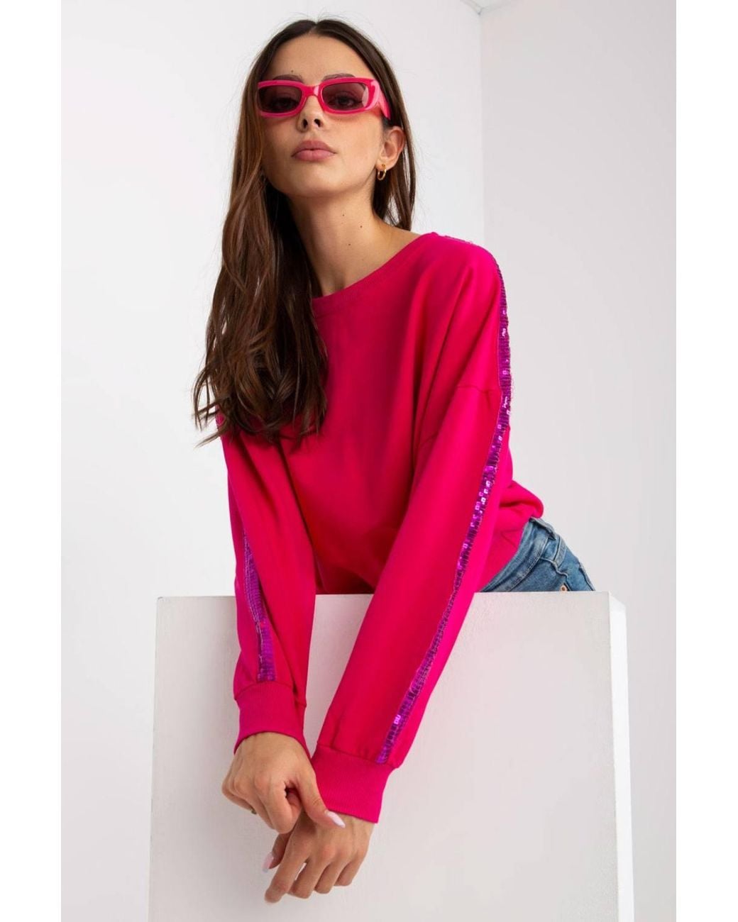 Love Lace Red Long Sleeve Round Neck Blouse Sequin Sleeves