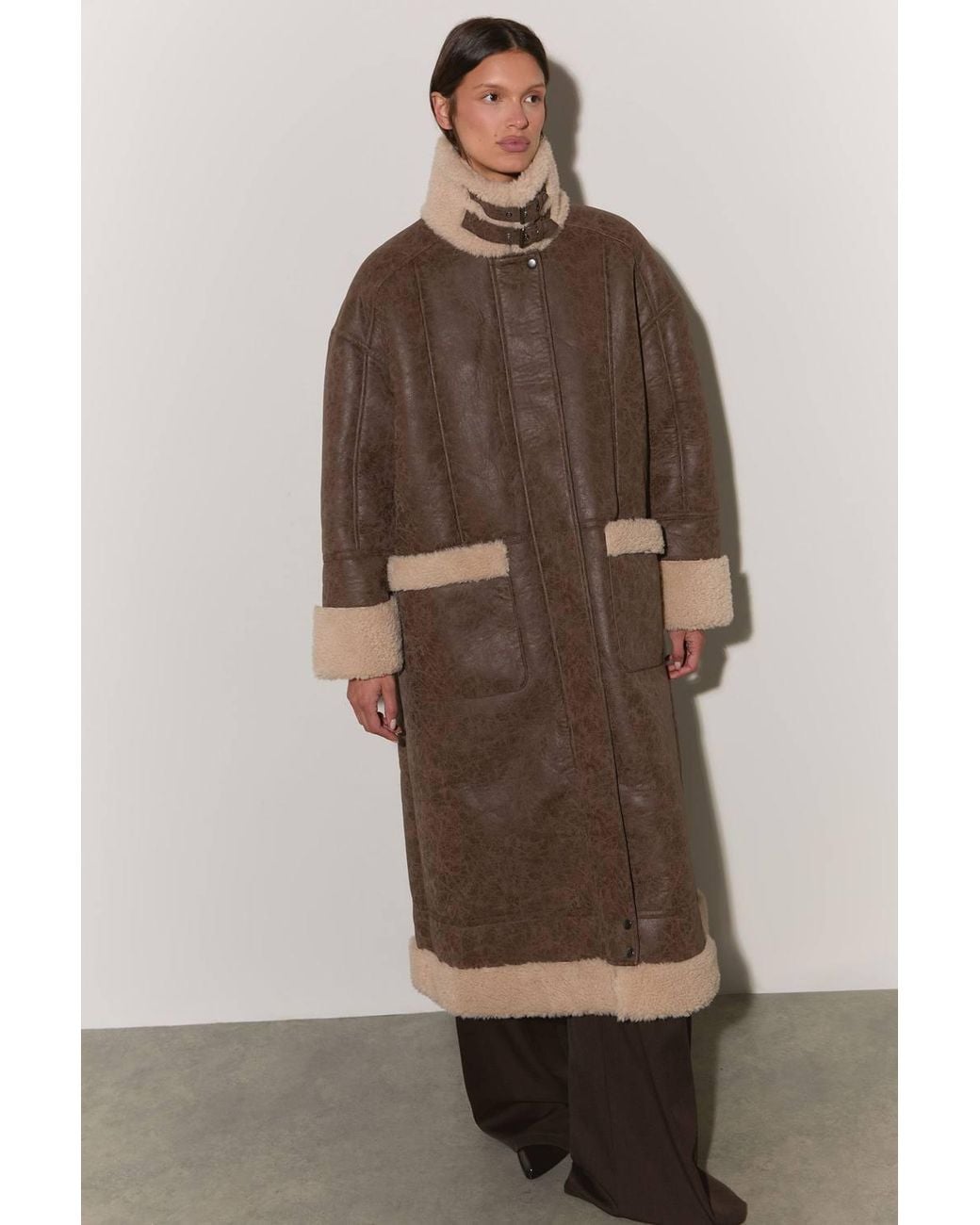 Warehouse Brown Oversized Maxi Aviator Bonded Faux Fur Coat
