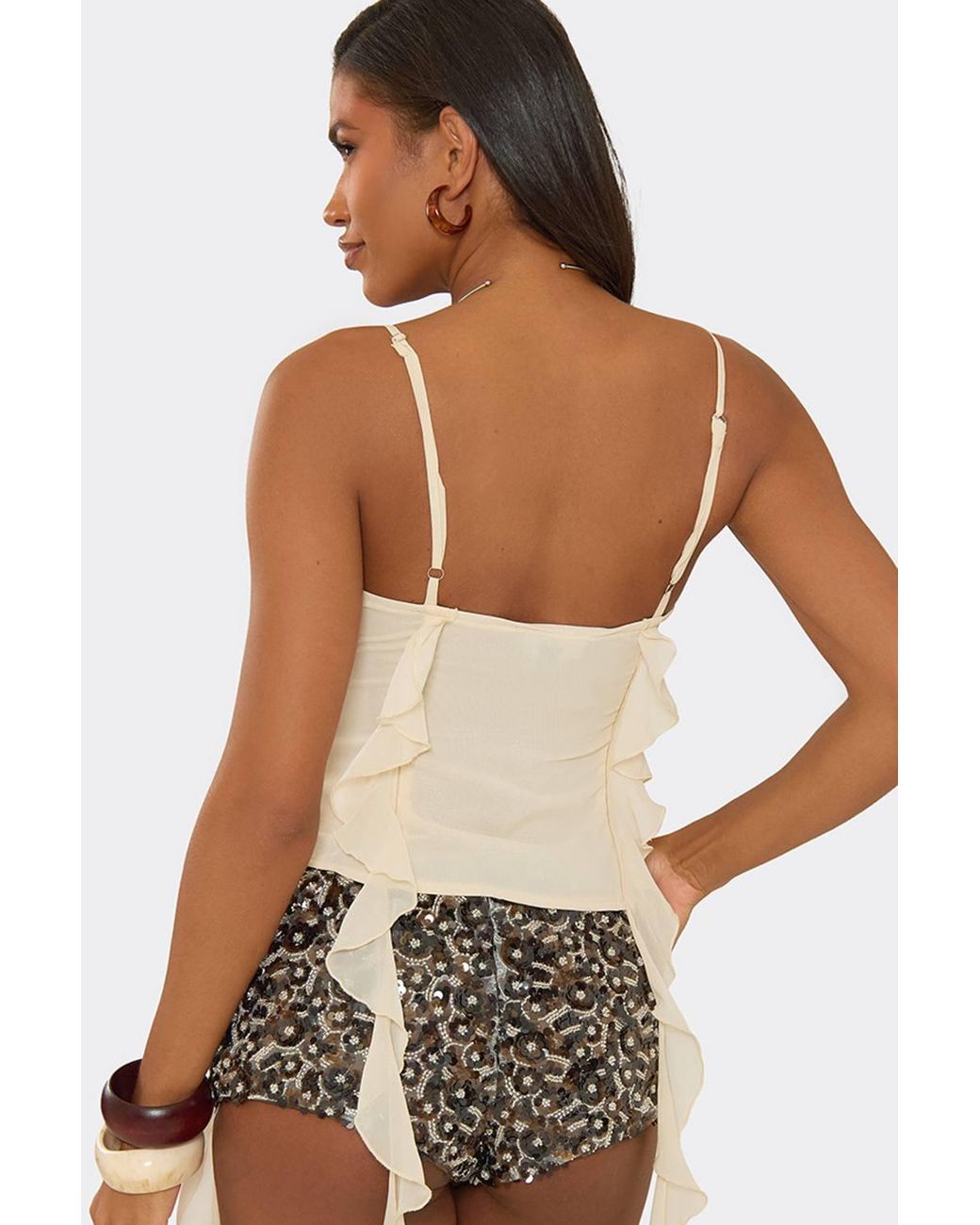 EGO Natural Strappy V-Neck Frill Trim Cami Top
