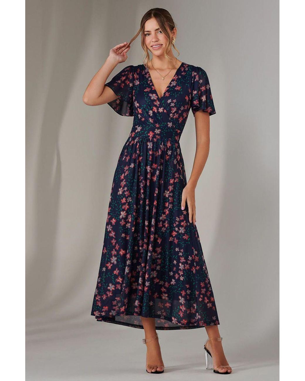Jolie Moi Blue Mesh Short Sleeve Midaxi Dress