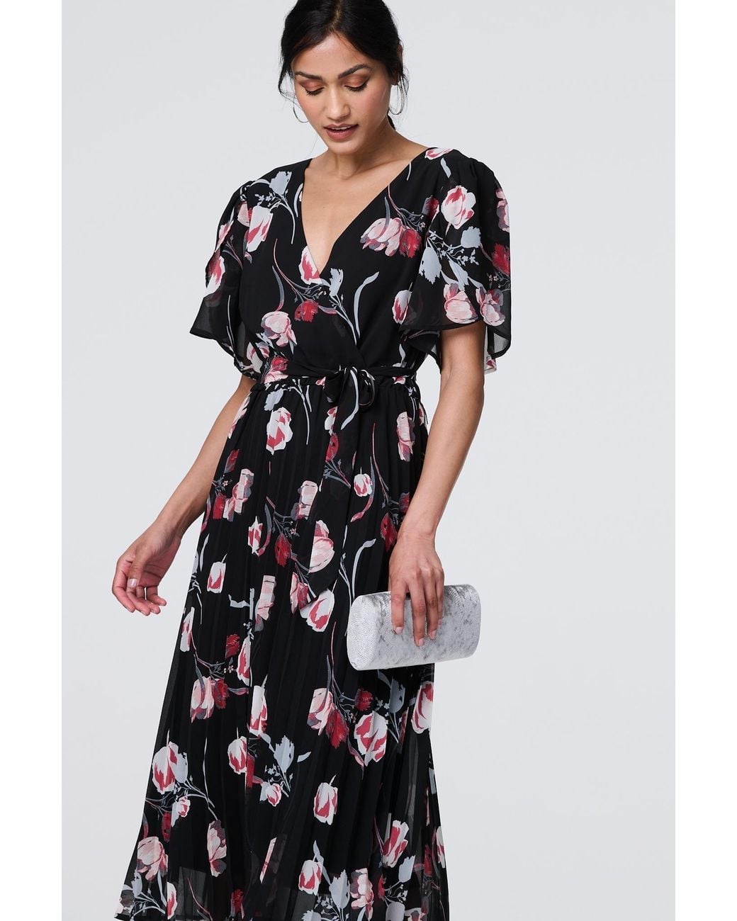 Izabel London White Floral Sheer 1/2 Sleeve Midi Wrap Dress