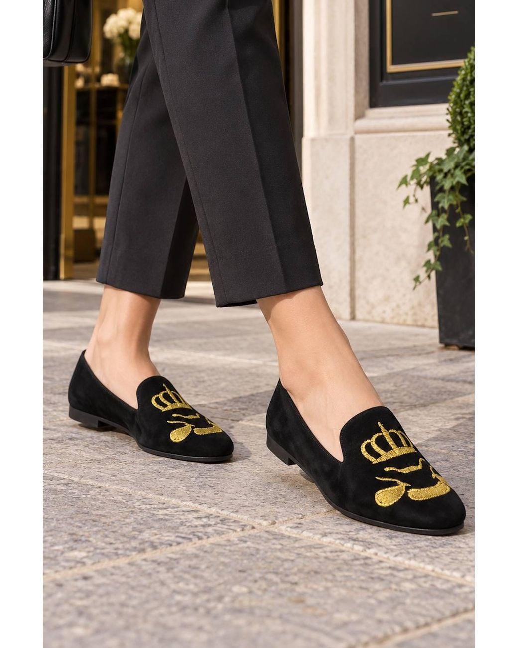 Spot on Black Embroidered Crown Slip On Flat Loafers
