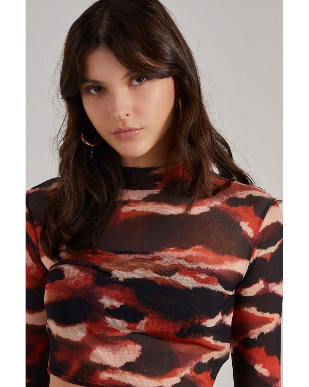 Pink Vanilla Black Smudge Print Mesh Long Sleeve Top