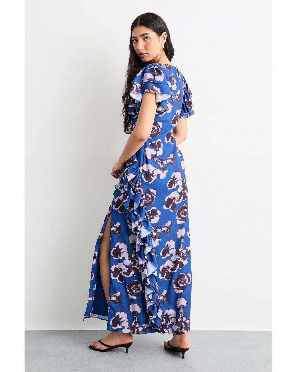 Warehouse Blue Side Split Ruffle Detail Maxi Dress