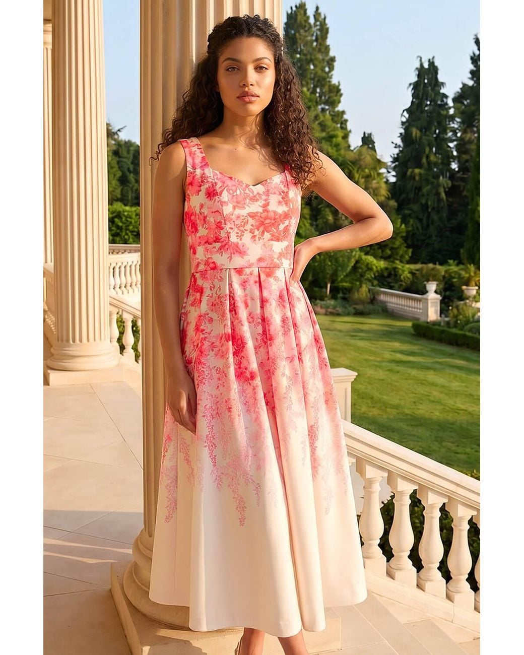 Roman Pink Petite Floral Waist Stretch Midi Dress
